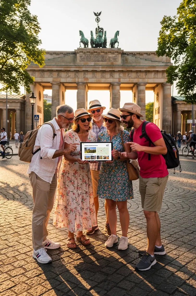 Übersichtskarte von Deutschland mit markierten UNESCO-Welterbestätten und einer optimierten Reiseroute, die kulturelle und natürliche Highlights mit Verkehrsmitteln und Zeitplanung verbindet.